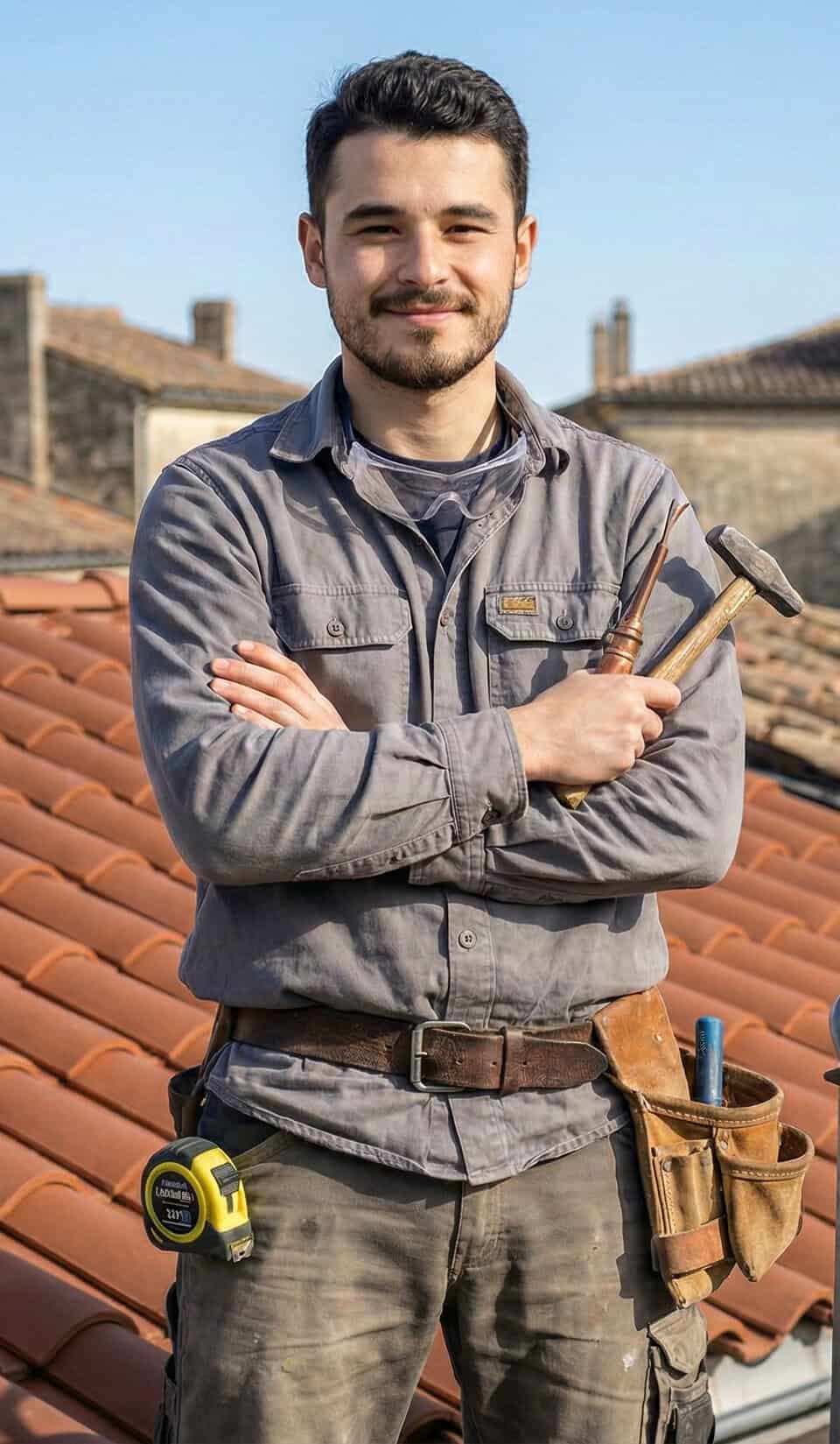 A professional roofer standing on a tiled roof with tools in hand.