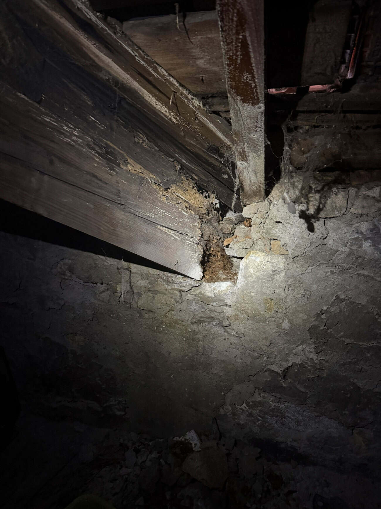 Old wooden roof structure with visible damage and deterioration.